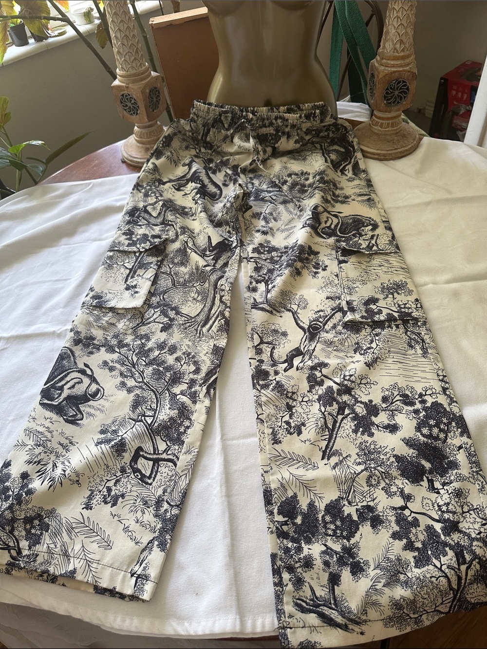 Cargo style Pants with Toile de Jouy print/Good Vs Evil Lion/Snake battle